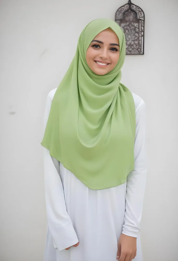 A Young Middle Eastern Woman With Long Dark Hair Wearing A Light Green Hijab And A White Top Smiling At The Camera 5 7098