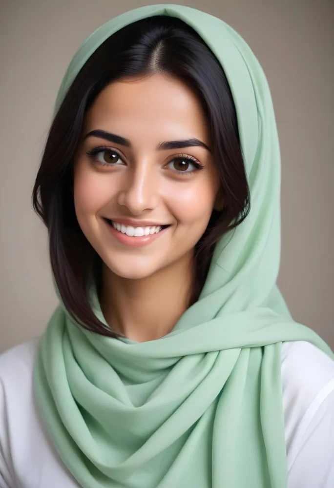 A Young Middle Eastern Woman With Long Dark Hair Wearing A Light Green Hijab And A White Top Smiling At The Camera 7 Abe6