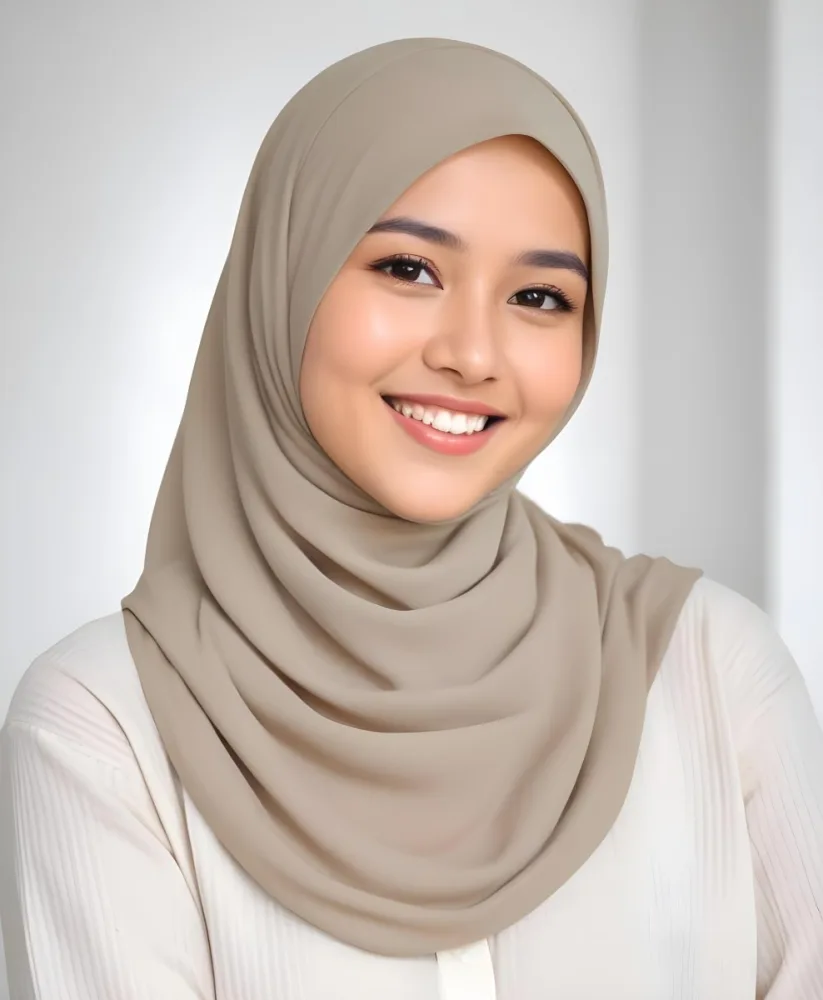 A Young Southeast Asian Woman With Long Dark Hair Wearing A Beige Hijab And Smiling At The Camera 16 1d11