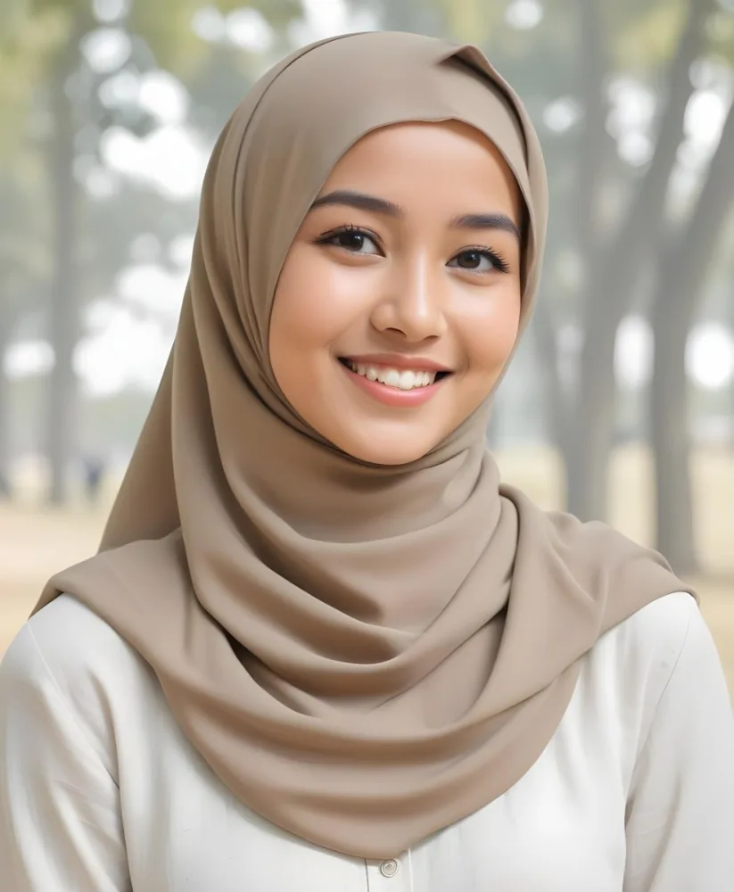 A Young Southeast Asian Woman With Long Dark Hair Wearing A Beige Hijab And Smiling At The Camera 3 798f