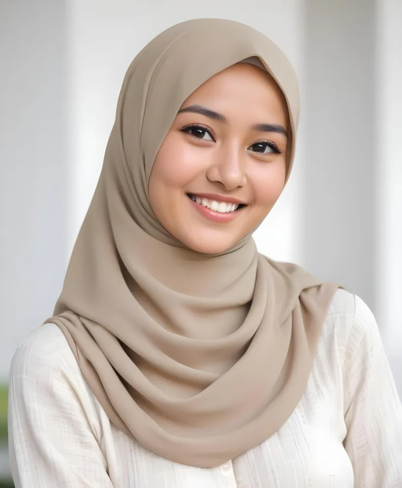 A Young Southeast Asian Woman With Long Dark Hair Wearing A Beige Hijab And Smiling At The Camera 5 557d