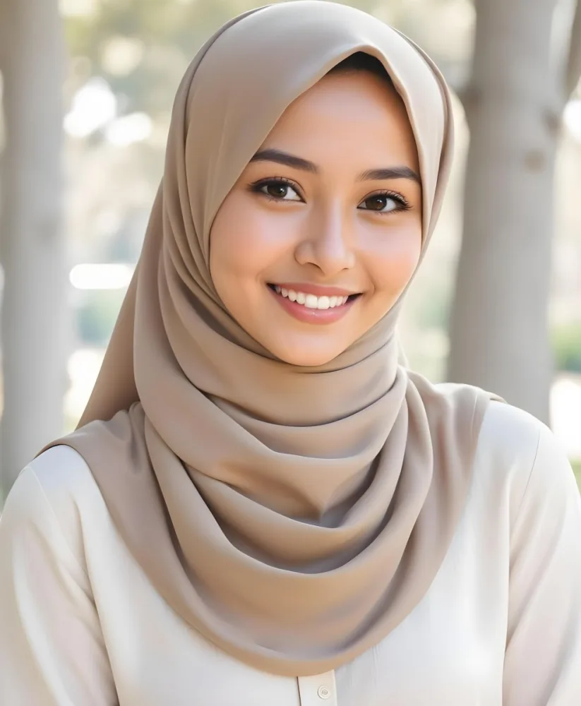 A Young Southeast Asian Woman With Long Dark Hair Wearing A Beige Hijab And Smiling At The Camera 6 Ba07