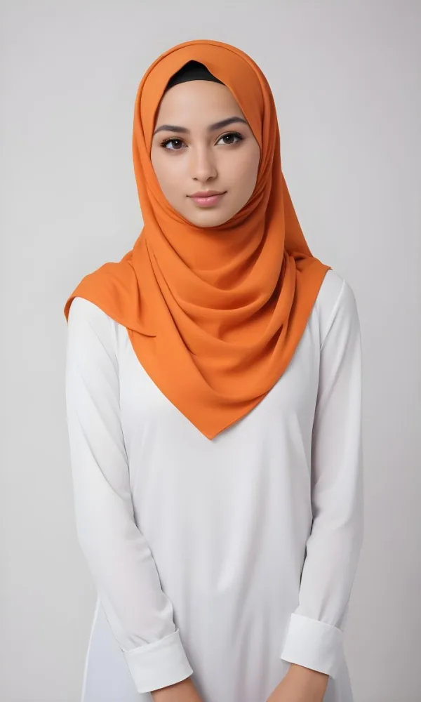 A Young Southeast Asian Woman With Long Dark Hair Wearing An Orange Hijab And A White Top 13 D387