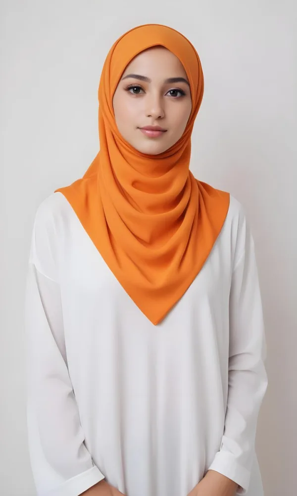 A Young Southeast Asian Woman With Long Dark Hair Wearing An Orange Hijab And A White Top 15 B1b3