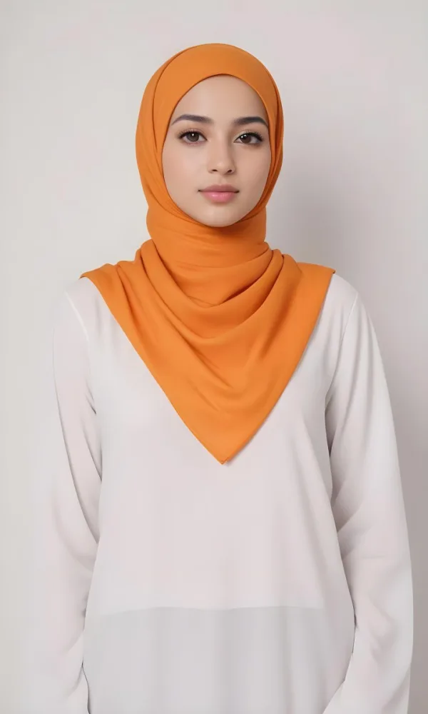 A Young Southeast Asian Woman With Long Dark Hair Wearing An Orange Hijab And A White Top 21 714c