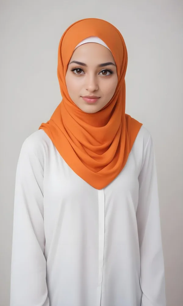 A Young Southeast Asian Woman With Long Dark Hair Wearing An Orange Hijab And A White Top 23 7177