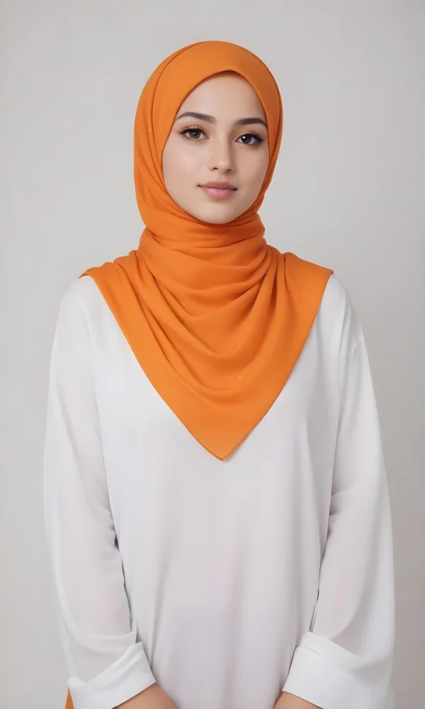 A Young Southeast Asian Woman With Long Dark Hair Wearing An Orange Hijab And A White Top 3 8a27