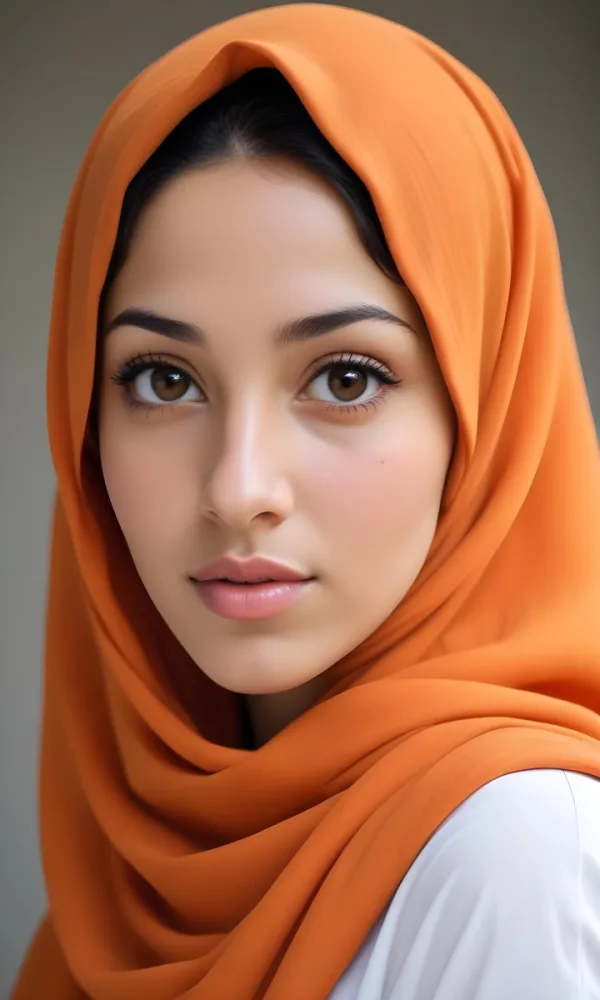 A Young Southeast Asian Woman With Long Dark Hair Wearing An Orange Hijab And A White Top 6 1940