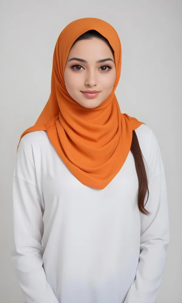 A Young Southeast Asian Woman With Long Dark Hair Wearing An Orange Hijab And A White Top 9 Ad98