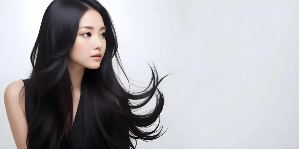 A Young Woman Of Asian With Long Flowing Black Hair Wearing A Black Outfit She Has A Smooth Complexion And Is Facing Slightly To The Side With Her Hair Gently Blowing The Background Is A Soft Gradient Of Light Color 13 5755
