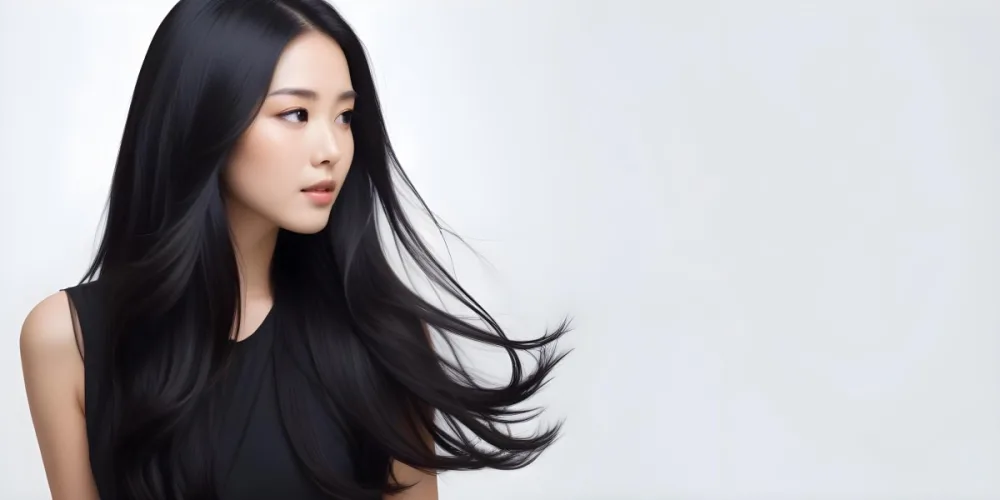 A Young Woman Of Asian With Long Flowing Black Hair Wearing A Black Outfit She Has A Smooth Complexion And Is Facing Slightly To The Side With Her Hair Gently Blowing The Background Is A Soft Gradient Of Light Color 17 2e28