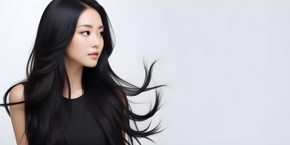 A Young Woman Of Asian With Long Flowing Black Hair Wearing A Black Outfit She Has A Smooth Complexion And Is Facing Slightly To The Side With Her Hair Gently Blowing The Background Is A Soft Gradient Of Light Colors 1 6d2d