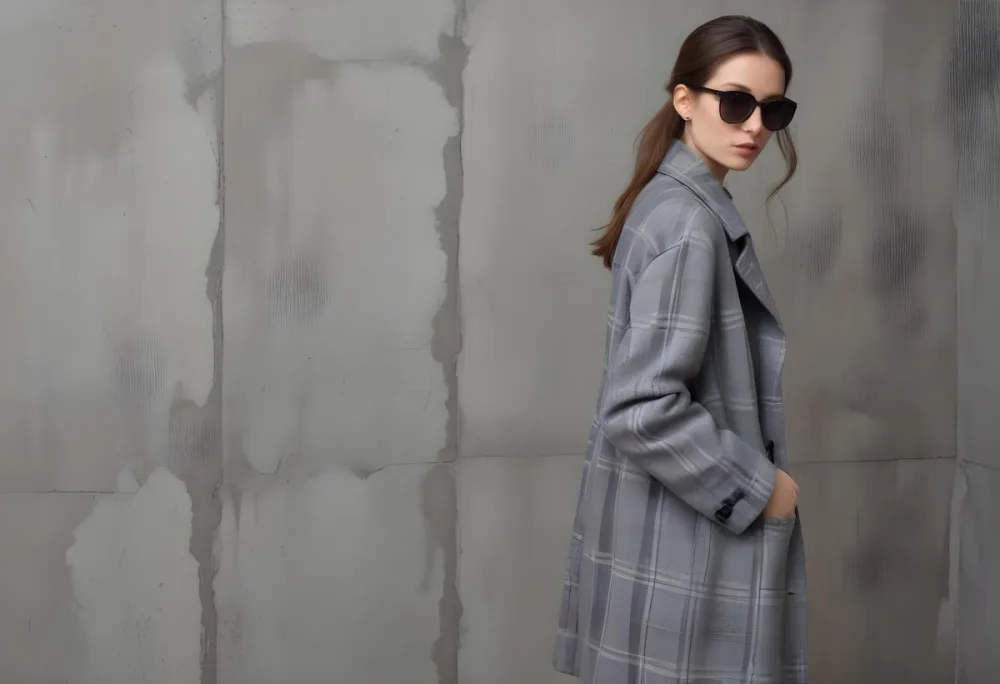 A Young Woman Of Caucasian Descent Approximately 25 Years Old With Long Brown Hair Wearing A Stylish Gray Plaid Coat And Oversized Sunglasses The Background Features A Textured Concrete Wall 10 85a2