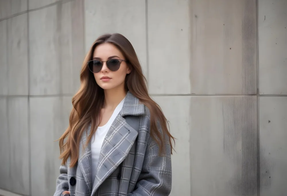 A Young Woman Of Caucasian Descent Approximately 25 Years Old With Long Brown Hair Wearing A Stylish Gray Plaid Coat And Oversized Sunglasses The Background Features A Textured Concrete Wall 21 628d