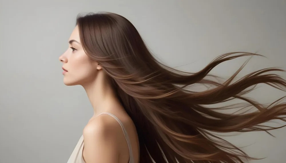 A Young Woman Of Caucasian Descent With Long Flowing Brown Hair Captured In Profile She Has A Smooth Complexion And Is Not Wearing Any Visible Makeup The Background Is A Soft Muted Color That Complements Her Features 1 A47f