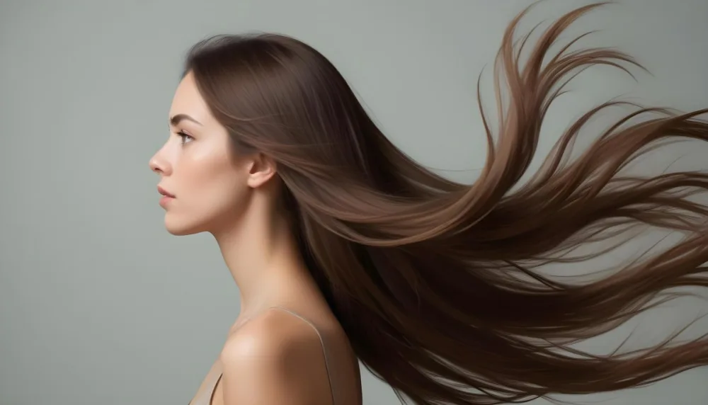 A Young Woman Of Caucasian Descent With Long Flowing Brown Hair Captured In Profile She Has A Smooth Complexion And Is Not Wearing Any Visible Makeup The Background Is A Soft Muted Color That Complements Her Features 12 Ba34