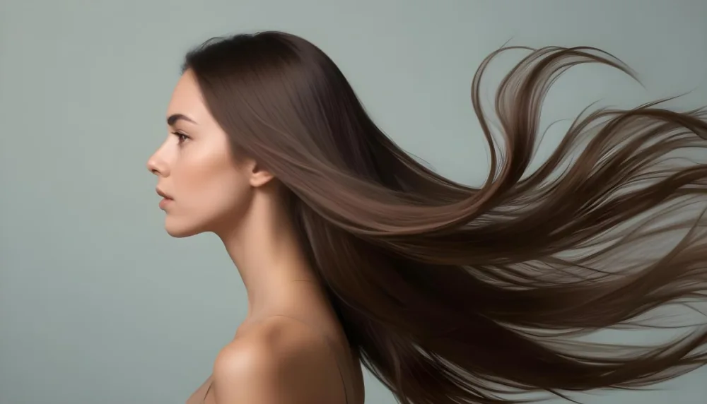 A Young Woman Of Caucasian Descent With Long Flowing Brown Hair Captured In Profile She Has A Smooth Complexion And Is Not Wearing Any Visible Makeup The Background Is A Soft Muted Color That Complements Her Features 15 9346