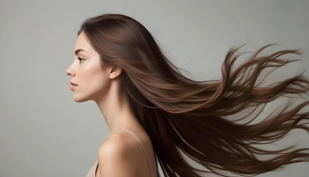 A Young Woman Of Caucasian Descent With Long Flowing Brown Hair Captured In Profile She Has A Smooth Complexion And Is Not Wearing Any Visible Makeup The Background Is A Soft Muted Color That Complements Her Features 17 8d90