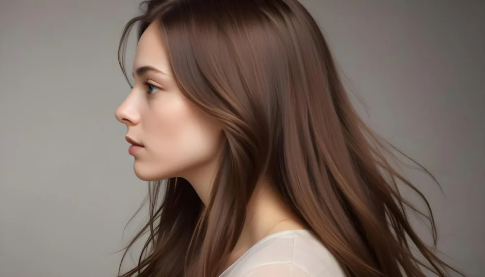 A Young Woman Of Caucasian Descent With Long Flowing Brown Hair Captured In Profile She Has A Smooth Complexion And Is Not Wearing Any Visible Makeup The Background Is A Soft Muted Color That Complements Her Features 21 0d28