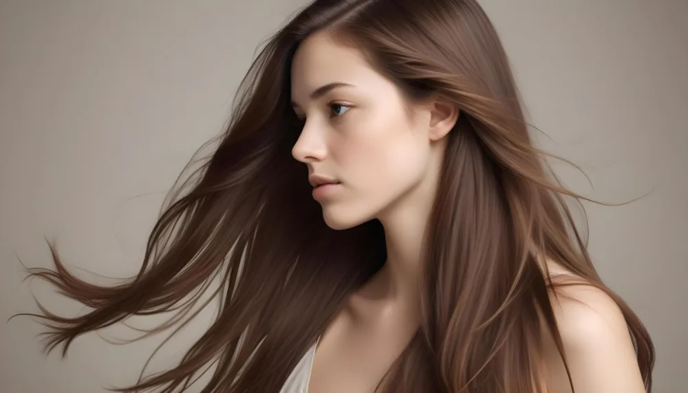 A Young Woman Of Caucasian Descent With Long Flowing Brown Hair Captured In Profile She Has A Smooth Complexion And Is Not Wearing Any Visible Makeup The Background Is A Soft Muted Color That Complements Her Features 22 52c4