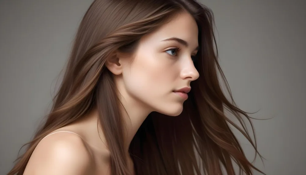 A Young Woman Of Caucasian Descent With Long Flowing Brown Hair Captured In Profile She Has A Smooth Complexion And Is Not Wearing Any Visible Makeup The Background Is A Soft Muted Color That Complements Her Features 23 A7f6