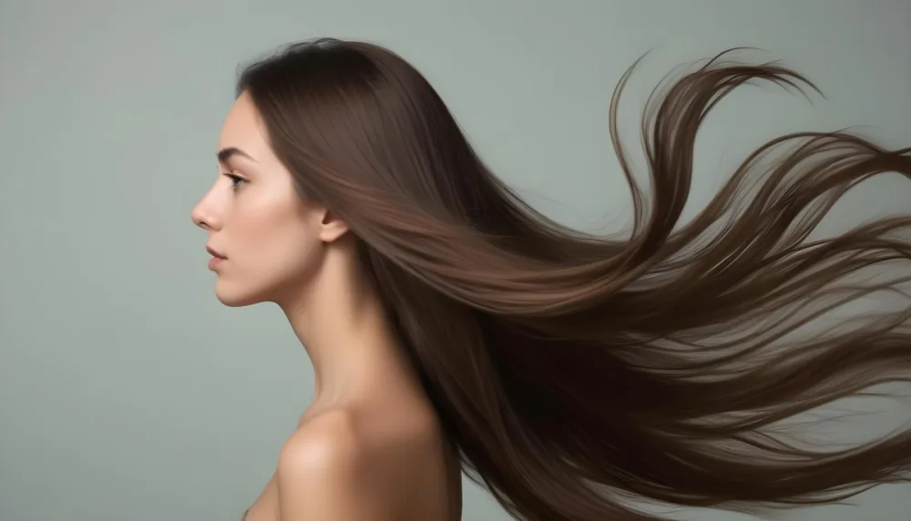 A Young Woman Of Caucasian Descent With Long Flowing Brown Hair Captured In Profile She Has A Smooth Complexion And Is Not Wearing Any Visible Makeup The Background Is A Soft Muted Color That Complements Her Features 3 3be8