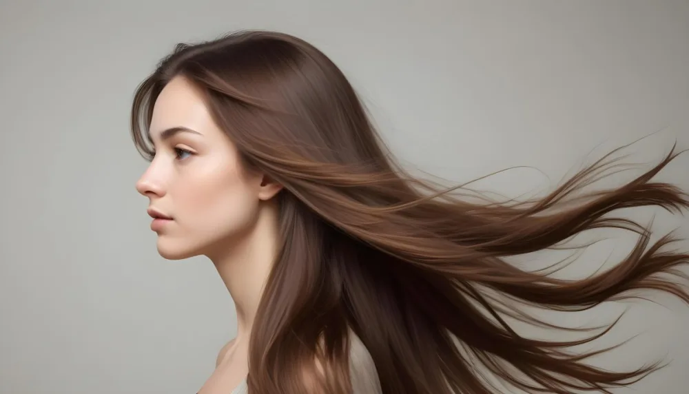 A Young Woman Of Caucasian Descent With Long Flowing Brown Hair Captured In Profile She Has A Smooth Complexion And Is Not Wearing Any Visible Makeup The Background Is A Soft Muted Color That Complements Her Features 6 6d9f