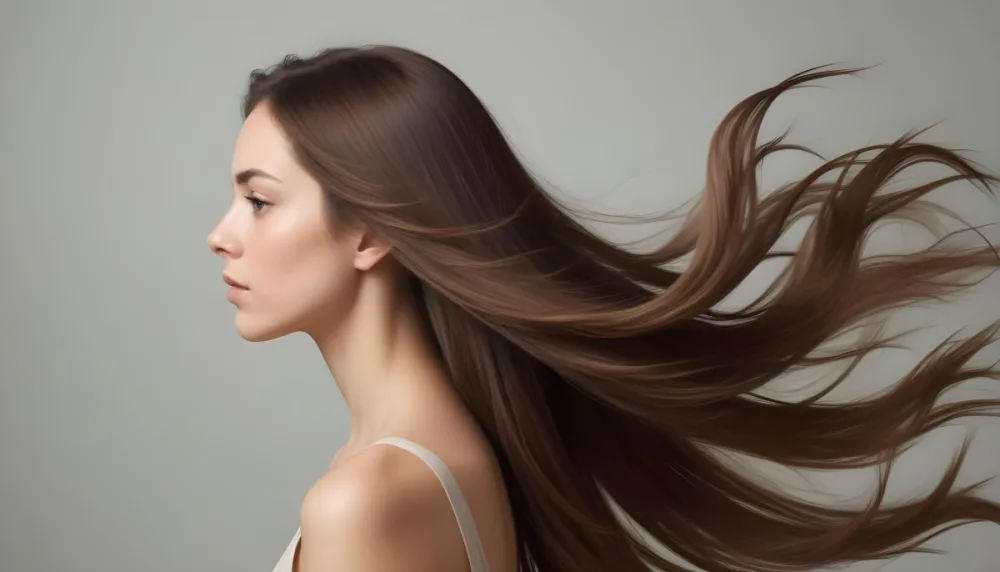 A Young Woman Of Caucasian Descent With Long Flowing Brown Hair Captured In Profile She Has A Smooth Complexion And Is Not Wearing Any Visible Makeup The Background Is A Soft Muted Color That Complements Her Features 7 4e54