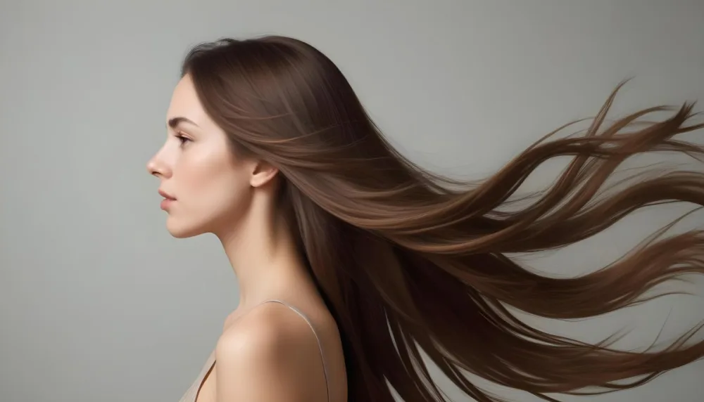 A Young Woman Of Caucasian Descent With Long Flowing Brown Hair Captured In Profile She Has A Smooth Complexion And Is Not Wearing Any Visible Makeup The Background Is A Soft Muted Color That Complements Her Features 8 8051