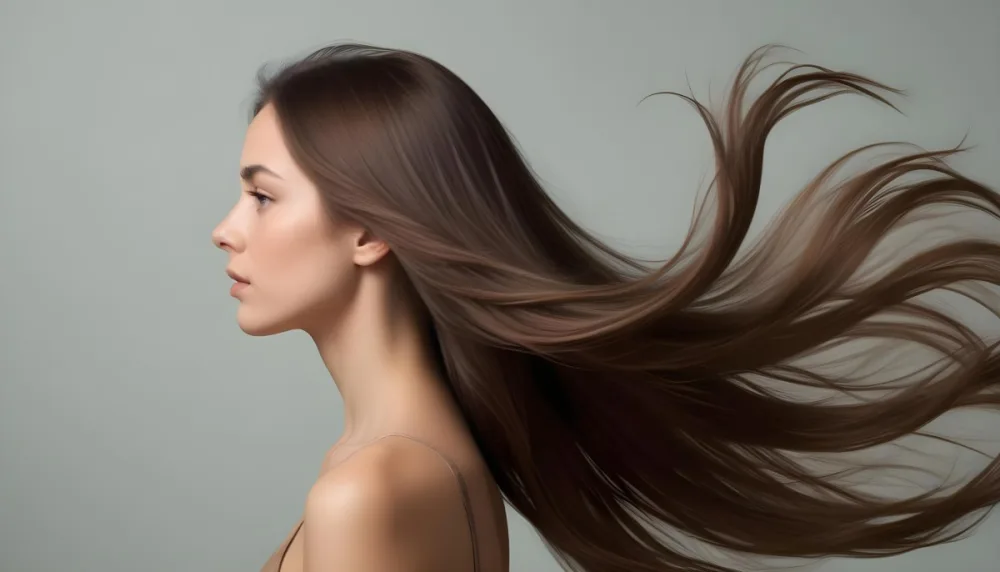 A Young Woman Of Caucasian Descent With Long Flowing Brown Hair Captured In Profile She Has A Smooth Complexion And Is Not Wearing Any Visible Makeup The Background Is A Soft Muted Color That Complements Her Features A875