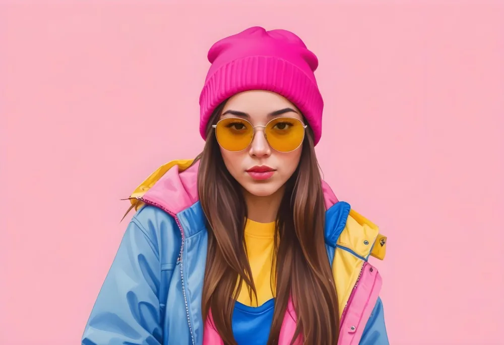 A Young Woman Of Hispanic Descent Approximately 25 Years Old With Long Straight Brown Hair She Is Wearing A Bright Pink Beanie And Blue Sunglasses Her Outfit Includes A Blue Top And A Yellow Oversized Jacket The Ba 16 2a1b