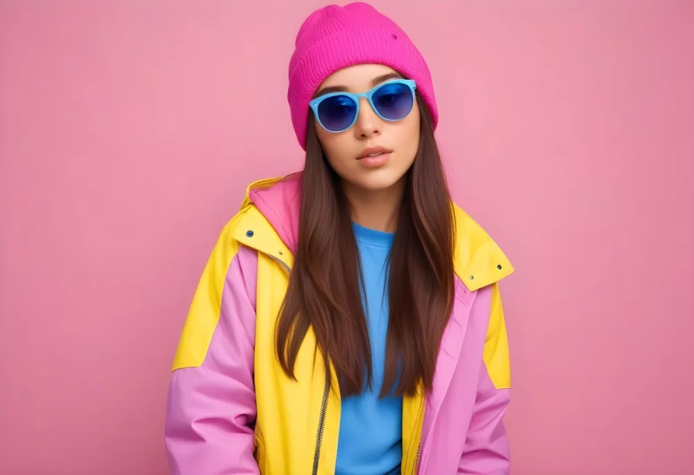 A Young Woman Of Hispanic Descent Approximately 25 Years Old With Long Straight Brown Hair She Is Wearing A Bright Pink Beanie And Blue Sunglasses Her Outfit Includes A Blue Top And A Yellow Oversized Jacket The Ba 22 47de