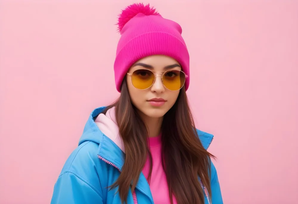 A Young Woman Of Hispanic Descent Approximately 25 Years Old With Long Straight Brown Hair She Is Wearing A Bright Pink Beanie And Blue Sunglasses Her Outfit Includes A Blue Top And A Yellow Oversized Jacket The Ba 24 Eda8