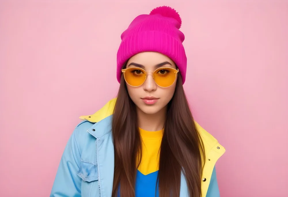 A Young Woman Of Hispanic Descent Approximately 25 Years Old With Long Straight Brown Hair She Is Wearing A Bright Pink Beanie And Blue Sunglasses Her Outfit Includes A Blue Top And A Yellow Oversized Jacket The Ba 26 3b59