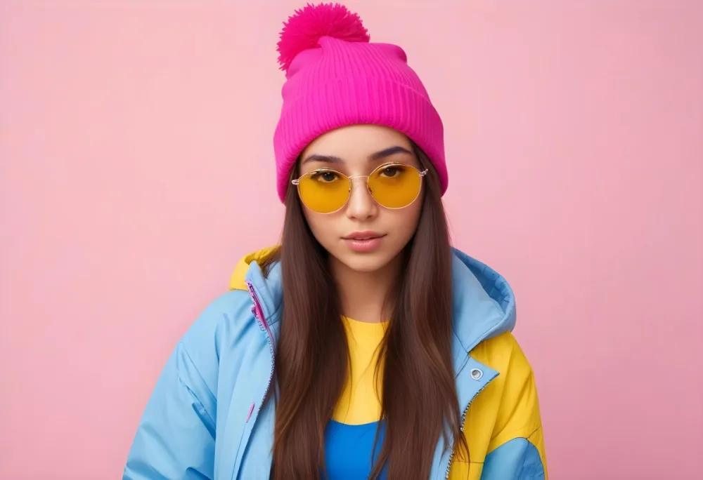 A Young Woman Of Hispanic Descent Approximately 25 Years Old With Long Straight Brown Hair She Is Wearing A Bright Pink Beanie And Blue Sunglasses Her Outfit Includes A Blue Top And A Yellow Oversized Jacket The Ba 29 F05a
