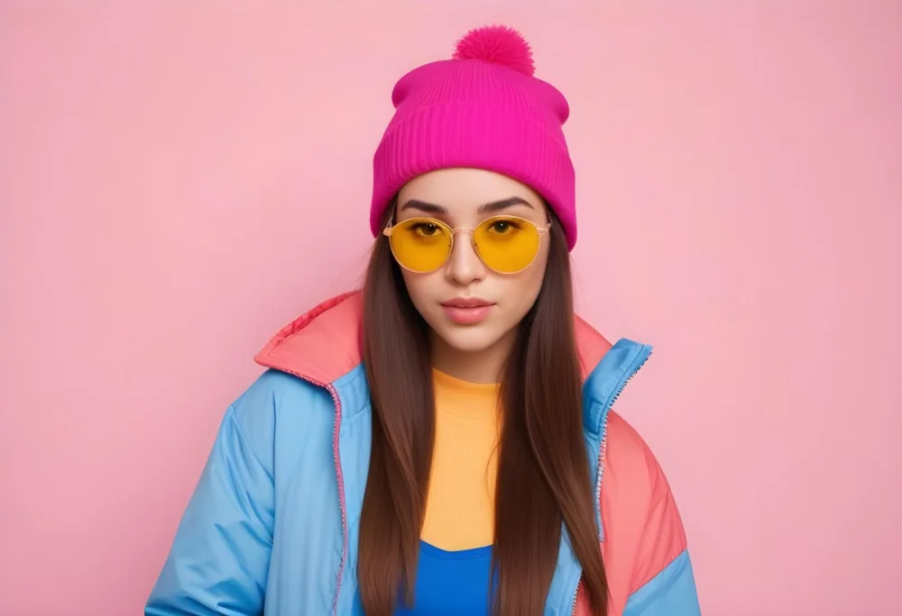 A Young Woman Of Hispanic Descent Approximately 25 Years Old With Long Straight Brown Hair She Is Wearing A Bright Pink Beanie And Blue Sunglasses Her Outfit Includes A Blue Top And A Yellow Oversized Jacket The Ba 36 10e7