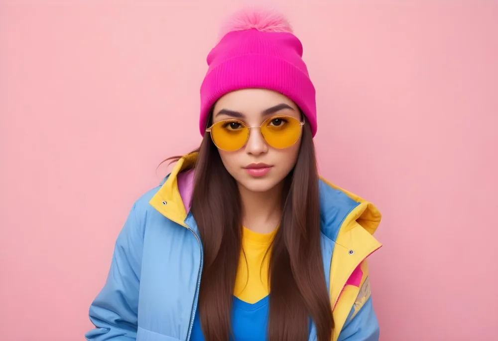 A Young Woman Of Hispanic Descent Approximately 25 Years Old With Long Straight Brown Hair She Is Wearing A Bright Pink Beanie And Blue Sunglasses Her Outfit Includes A Blue Top And A Yellow Oversized Jacket The Ba 45 67d7
