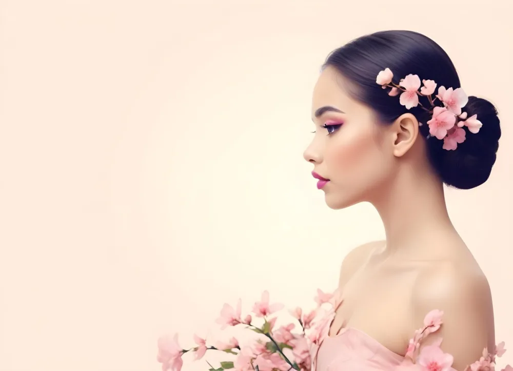 A Young Woman Of Medium Skin Tone With Long Light Hair Styled Back Adorned With Pink Flowers She Has Bright Pink Lipstick And Subtle Eye Makeup Gazing To The Side In The Foreground There Are Pink Blossoms Creatin 12 5914