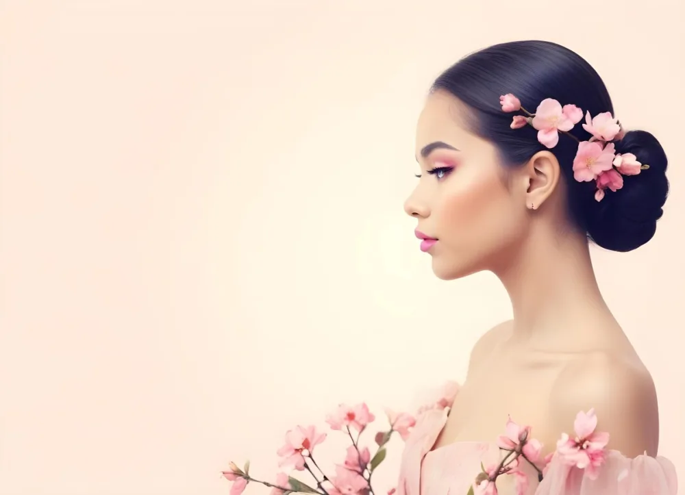 A Young Woman Of Medium Skin Tone With Long Light Hair Styled Back Adorned With Pink Flowers She Has Bright Pink Lipstick And Subtle Eye Makeup Gazing To The Side In The Foreground There Are Pink Blossoms Creatin 20 7284