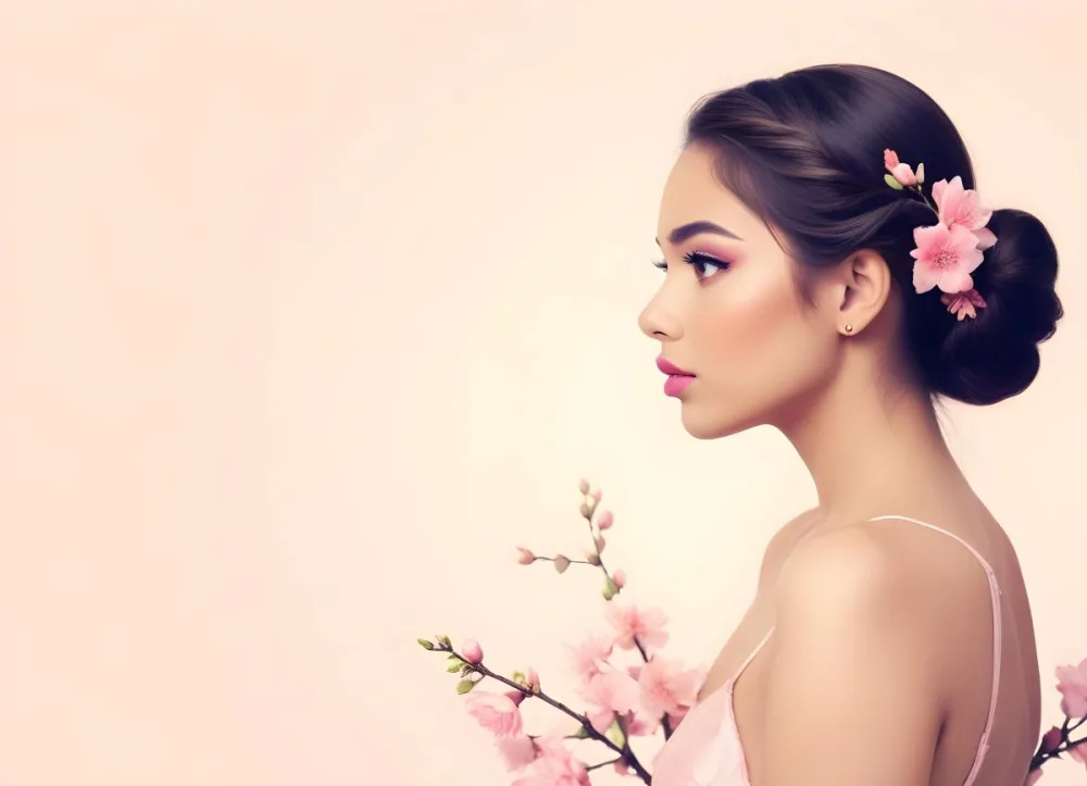 A Young Woman Of Medium Skin Tone With Long Light Hair Styled Back Adorned With Pink Flowers She Has Bright Pink Lipstick And Subtle Eye Makeup Gazing To The Side In The Foreground There Are Pink Blossoms Creatin 33 211d