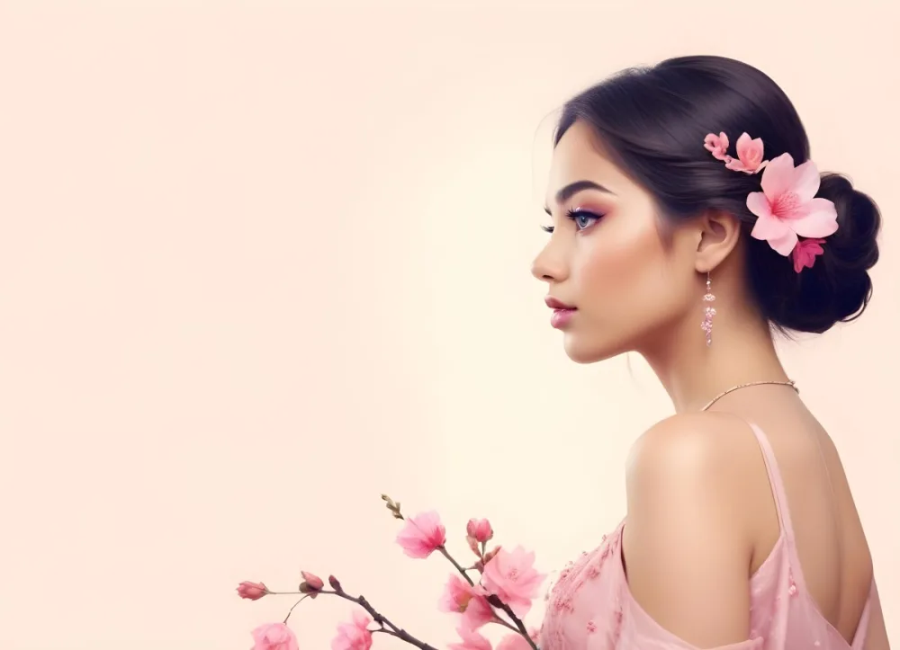 A Young Woman Of Medium Skin Tone With Long Light Hair Styled Back Adorned With Pink Flowers She Has Bright Pink Lipstick And Subtle Eye Makeup Gazing To The Side In The Foreground There Are Pink Blossoms Creatin 9 6a38