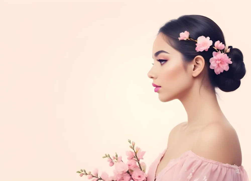 A Young Woman Of Medium Skin Tone With Long Light Hair Styled Back Adorned With Pink Flowers She Has Bright Pink Lipstick And Subtle Eye Makeup Gazing To The Side In The Foreground There Are Pink Blossoms Creating 1 1e4e