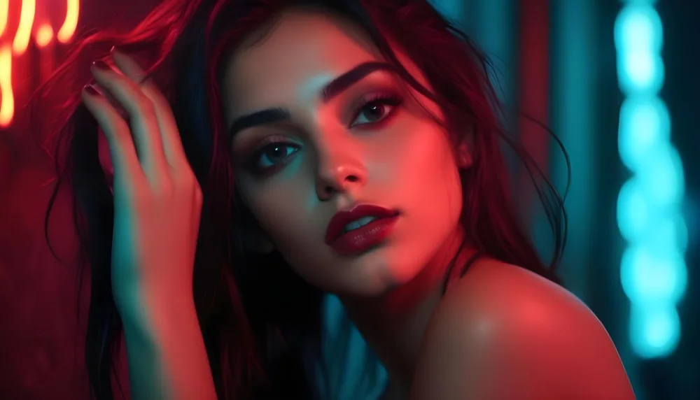 A Young Woman Of Middle Eastern Descent Approximately 20 Years Old With Long Dark Hair And Striking Features She Has Dramatic Makeup Including Dark Eyeshadow And Glossy Lips The Lighting Is Dramatic With Red And Blue 15 Cb52
