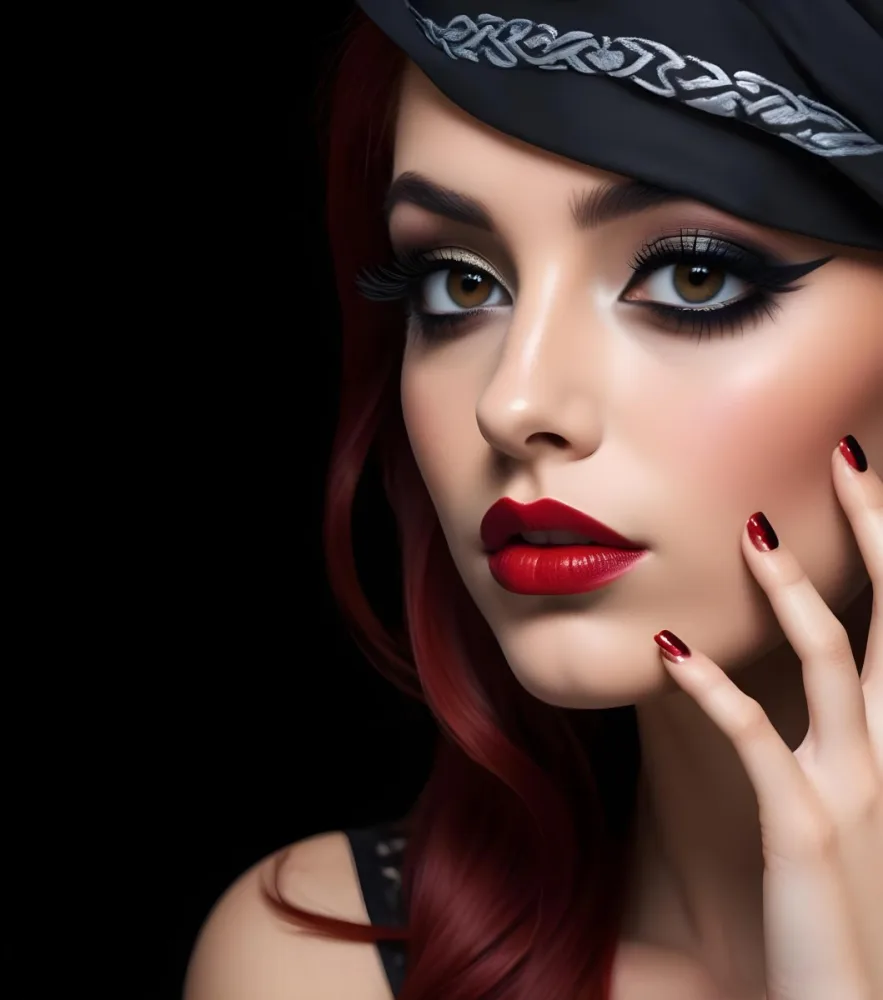A Young Woman Of Middle Eastern Descent With Long Red Hair And Striking Makeup She Has Dark Lips Dramatic Eye Makeup With Dark Eyeliner And Long Eyelashes Her Nails Are Painted Red The Background Is Solid Black Em 6 809a
