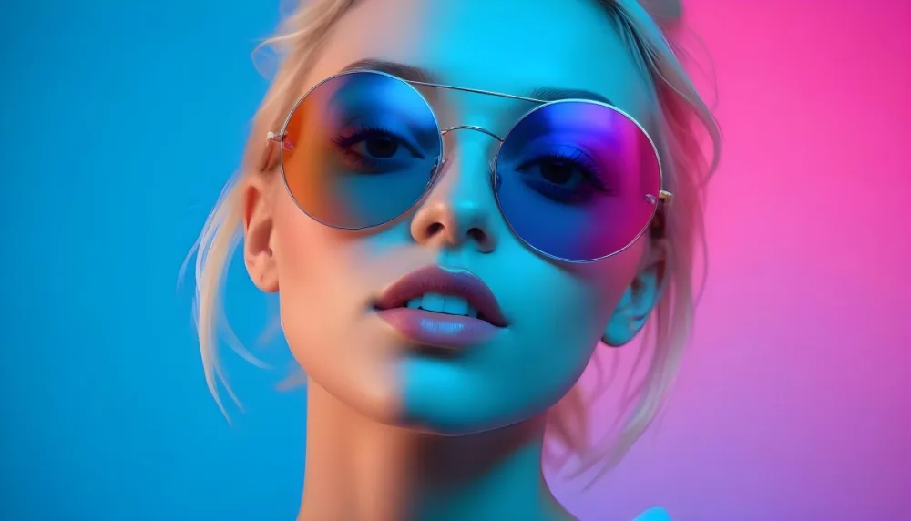 A Young Woman With Blonde Hair Wearing Colorful Round Sunglasses Against A Vibrant Blue And Pink Background 24 Cba8