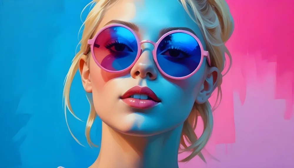 A Young Woman With Blonde Hair Wearing Colorful Round Sunglasses Against A Vibrant Blue And Pink Background 3 E4df