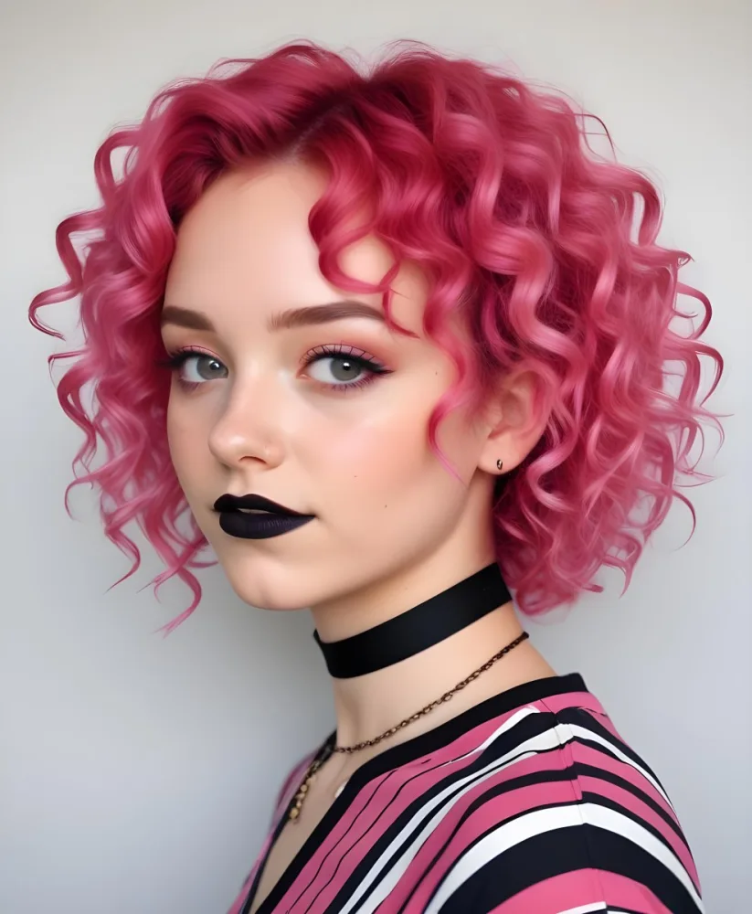 A Young Woman With Curly Vibrant Pink Hair Wearing A Striped Shirt And A Black Choker Necklace 1 578b