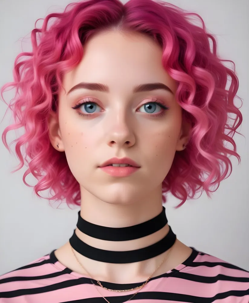A Young Woman With Curly Vibrant Pink Hair Wearing A Striped Shirt And A Black Choker Necklace 14 6342