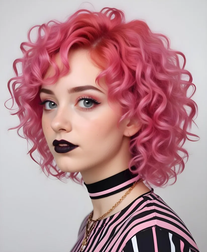 A Young Woman With Curly Vibrant Pink Hair Wearing A Striped Shirt And A Black Choker Necklace 26 89d7