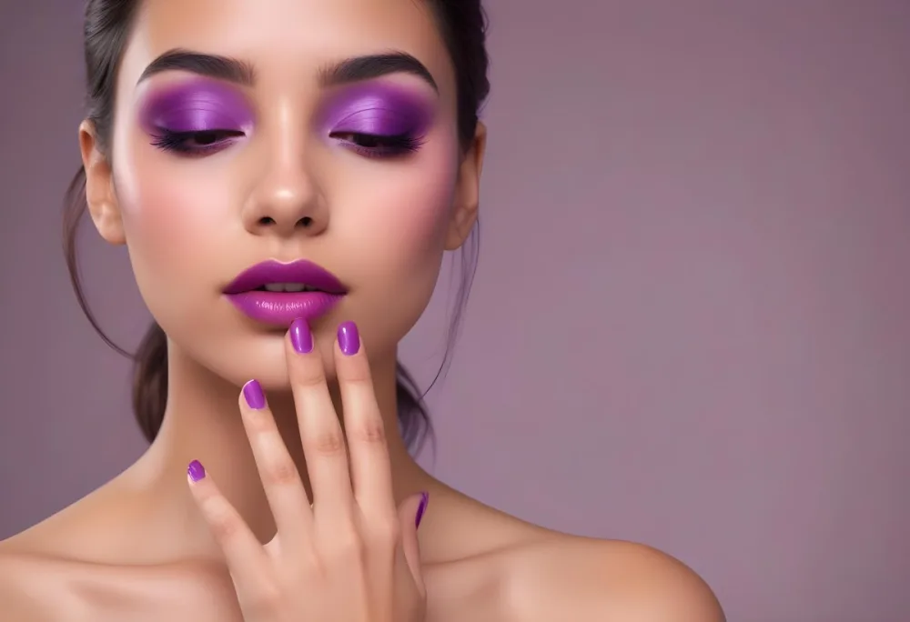 A Young Woman With Dark Hair And Olive Skin Wearing Bold Purple And Pink Eye Makeup Bright Purple Lipstick And Matching Purple Nail Polish She Has Her Eyes Closed And Her Hand Is Covering Part Of Her Eyes 12 5133